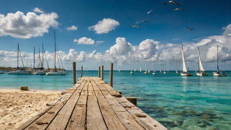 Wooden pier and seagulls in Cayo Largo, Cubaの写真素材