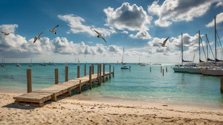Seagulls flying over the sea and pierの写真素材