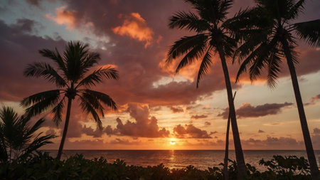 Palm trees on the beach at sunset in the tropics.の写真素材