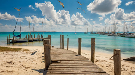 Wooden jetty on the island of Cayo Largo, Cubaの写真素材
