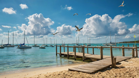 Wooden pier and seagulls in Cayo Largo, Cubaの写真素材