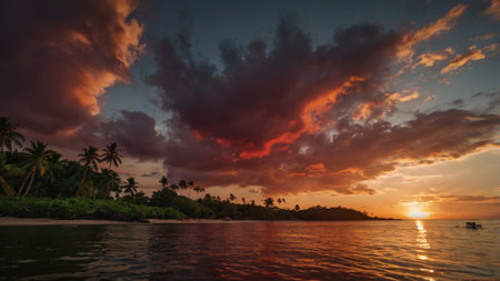 Sunset over a tropical island with palm trees and a boat.