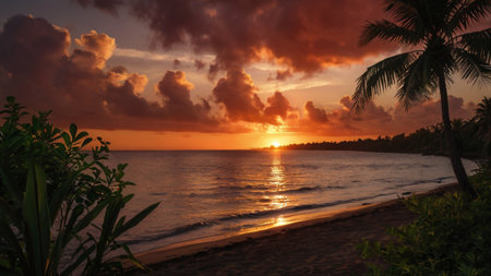 Sunset on the beach of the Caribbean island of Barbados.の写真素材