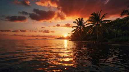 Palm trees on the beach at sunset with reflection in the waterの写真素材