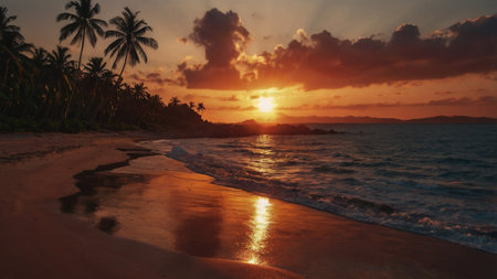 Tropical beach with palm trees at beautiful sunset in Sri Lankaの写真素材