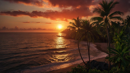 Beautiful sunset over the ocean. Panoramic view of tropical beachの写真素材