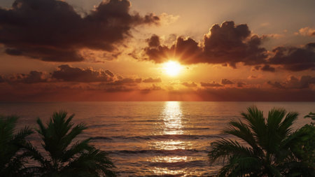 Sunset over the sea with palm trees in the foreground and clouds in the skyの写真素材
