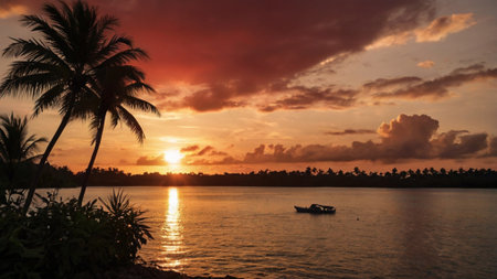 Beautiful sunset over the sea with palm trees and a boat.