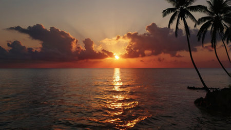 Sunset over the sea with palm trees and rays of the sunの写真素材