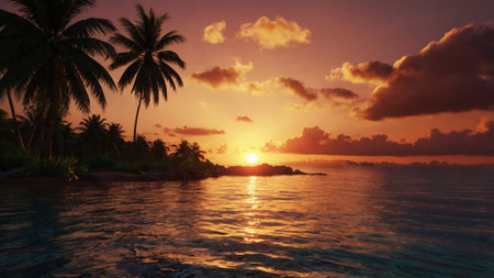 Tropical island with palm trees at sunset, Seychellesの写真素材