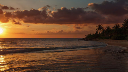 Sunset on the beach of Anse Lazio, Praslin, Seychellesの写真素材