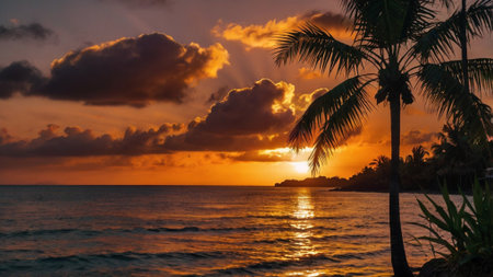 Beautiful sunset over the sea with palm trees on the foreground.
