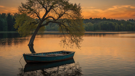 Boat and tree on the lake at sunset. Nature composition.の写真素材