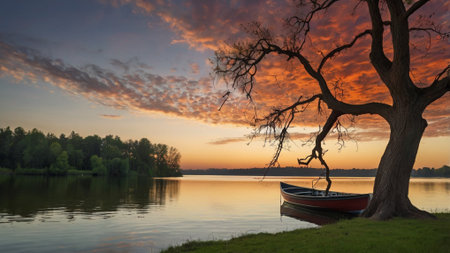 Beautiful sunset over the lake with boat and tree on the shoreの写真素材