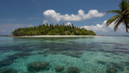 tropical beach in Maldives with few palm trees and blue lagoonの写真素材