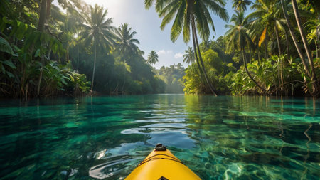 Kayaking in tropical lagoon surrounded by palm trees and turquoise waterの写真素材