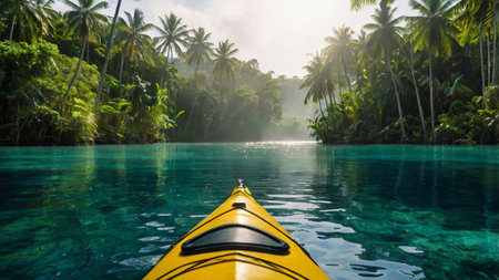 Kayak in a tropical bay surrounded by palm trees and coconut trees