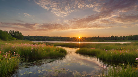 Sunset over the lake in summer. Landscape panorama.の写真素材