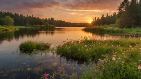 Beautiful sunset on the river in the summer. Landscape.の写真素材