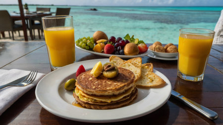 Breakfast with pancakes, fruits and orange juice on a tropical beach
