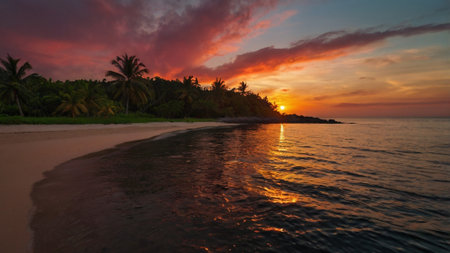 Tropical beach with palm trees at sunset, Seychelles