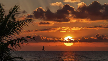 Sunset over the ocean with a sailboat and palm trees.の写真素材