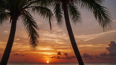 Palm trees on the beach at sunset. Beautiful tropical background.の写真素材
