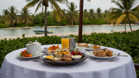 Breakfast on the beach with coffee, croissant, orange juice and fruitsの写真素材