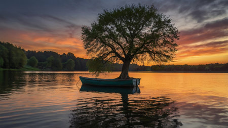 Boat and tree on the lake at sunset. Beautiful summer landscape.の写真素材