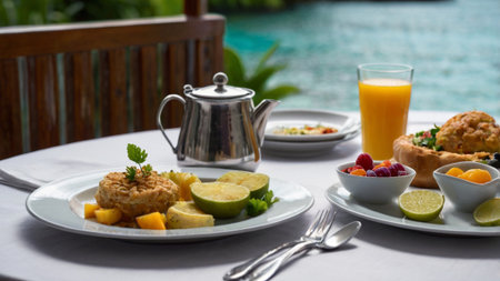 Breakfast served on the terrace of a luxury villa.の写真素材