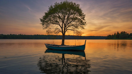 Boat on the lake at sunset with a tree in the foregroundの写真素材