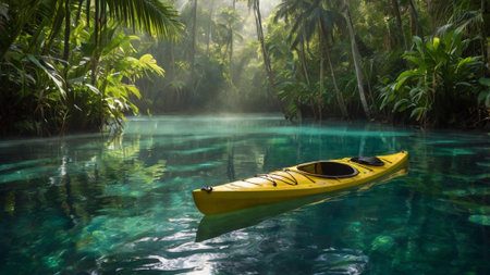 Kayak in the water on a background of green tropical forest.の写真素材