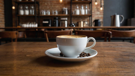 Coffee cup on wooden table in coffee shop, stock photo