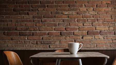 Coffee cup on wooden table and brick wall background in coffee shop