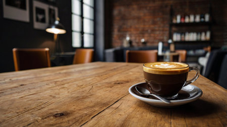 Coffee cup on wooden table in coffee shop, stock photoの写真素材