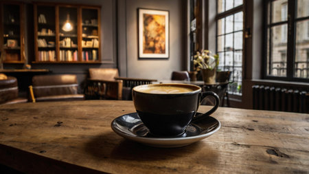 Coffee cup on wooden table in coffee shop, stock photo