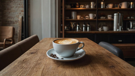 Coffee cup on wooden table in coffee shop, stock photo