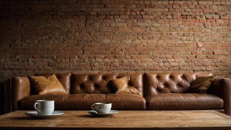 Coffee cup on brown leather sofa with brick wall background.の写真素材