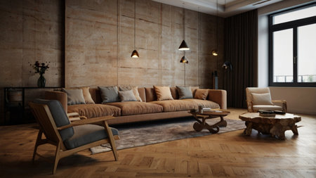 Modern living room interior design with brown sofa and wooden coffee table. 3D Rendering