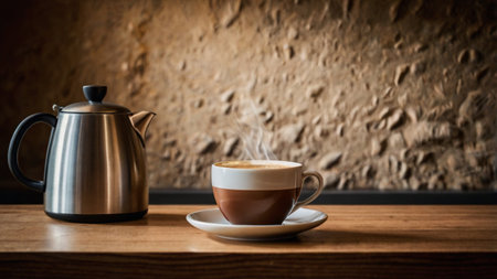 Coffee cup and teapot on wooden table in cafe