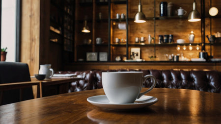 Coffee cup on wooden table in coffee shop, stock photoの写真素材