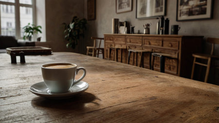 Coffee cup on wooden table in coffee shop, stock photoの写真素材