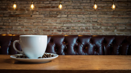 Coffee cup and beans on wooden table and brick wall backgroundの写真素材