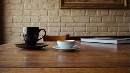 Coffee cup on wooden table in coffee shop, stock photoの写真素材
