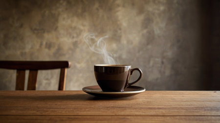 Coffee cup on wooden table with grunge wall background.の写真素材