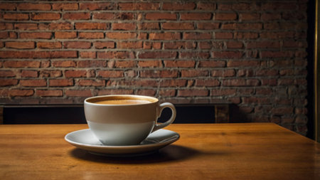 Coffee cup on wooden table in coffee shop with brick wall background