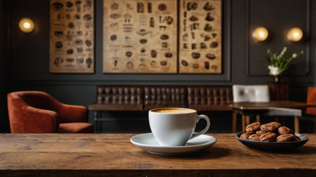Coffee cup on wooden table in coffee shop, stock photo