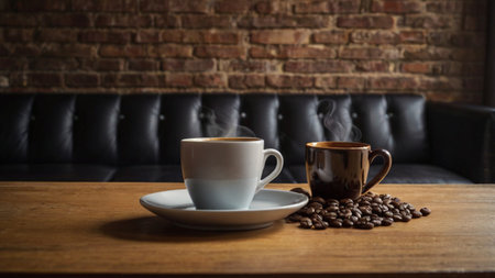 Coffee cup and coffee beans on wooden table in coffee shop