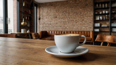 Coffee cup on wooden table in coffee shop, stock photoの写真素材