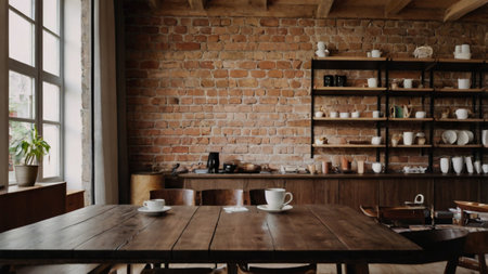 Coffee shop interior with brick wall and wooden table with cup of coffeeの写真素材